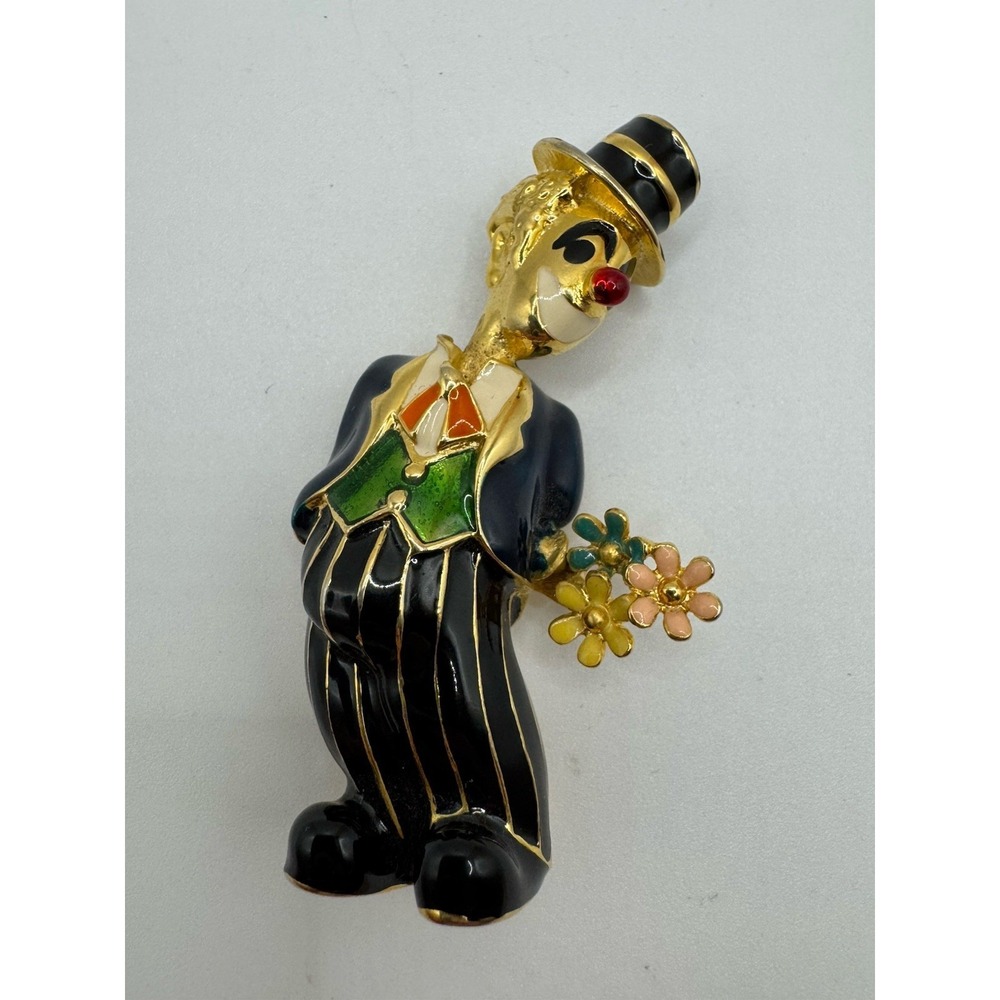 Vintage Gold Tone Enamel Clown w/ Flowers Brooch Pin - Happy Red Nose Circus